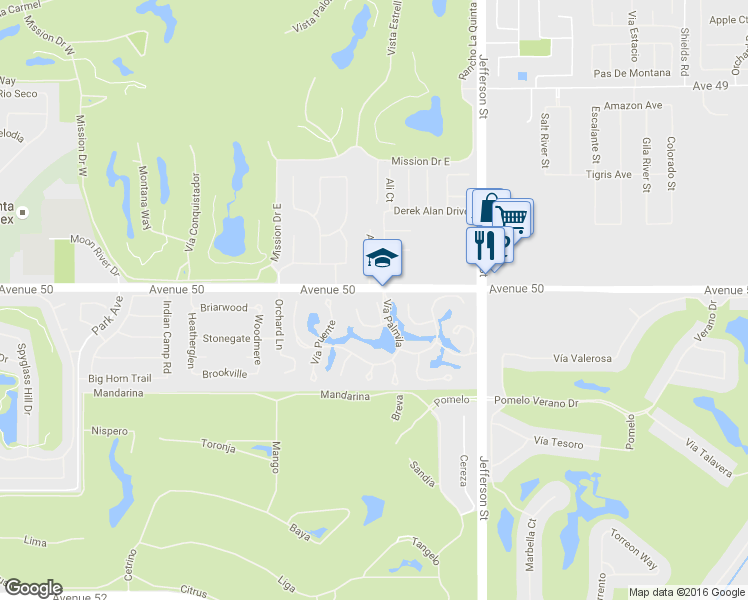 map of restaurants, bars, coffee shops, grocery stores, and more near 50025 Vía Aldea in La Quinta