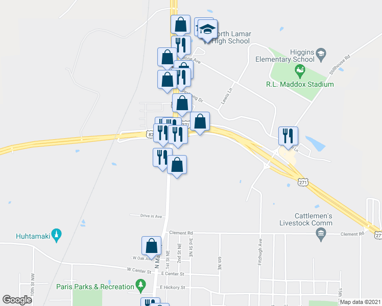 map of restaurants, bars, coffee shops, grocery stores, and more near 2400 North Main Street in Paris
