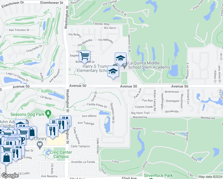 map of restaurants, bars, coffee shops, grocery stores, and more near 78845 Grand Traverse Avenue in La Quinta