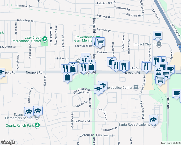 map of restaurants, bars, coffee shops, grocery stores, and more near Newport Road in Menifee
