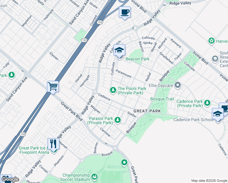 map of restaurants, bars, coffee shops, grocery stores, and more near Newington in Irvine