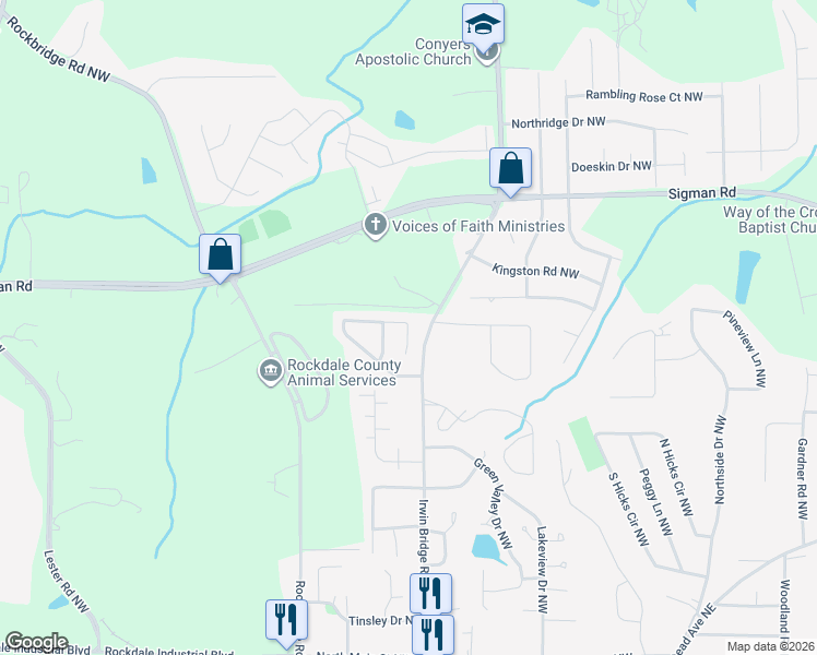 map of restaurants, bars, coffee shops, grocery stores, and more near 1258 Pinedale Circle Northwest in Conyers
