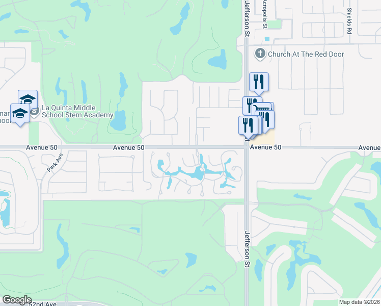 map of restaurants, bars, coffee shops, grocery stores, and more near Vía Aldea in La Quinta