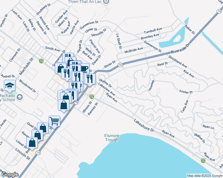 map of restaurants, bars, coffee shops, grocery stores, and more near Lakeview Avenue in Lake Elsinore