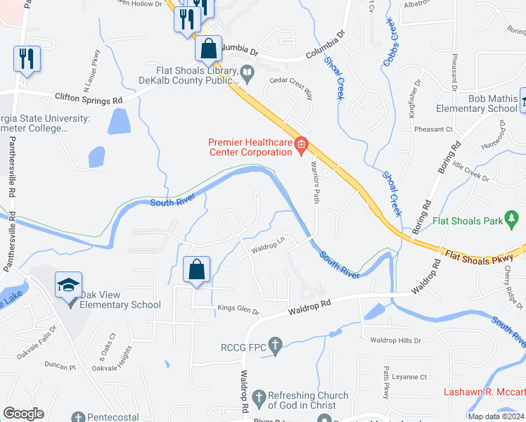 map of restaurants, bars, coffee shops, grocery stores, and more near 3352 Waldrop Trail in Decatur