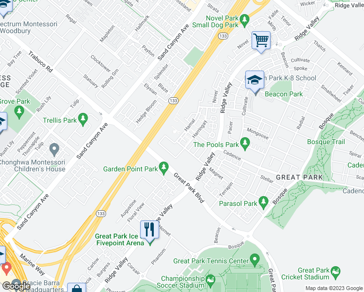 map of restaurants, bars, coffee shops, grocery stores, and more near 159 Magnet in Irvine