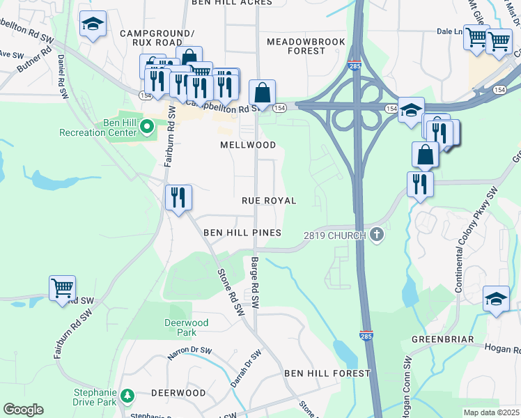 map of restaurants, bars, coffee shops, grocery stores, and more near 3594 Rou Royal Avenue Southwest in Atlanta