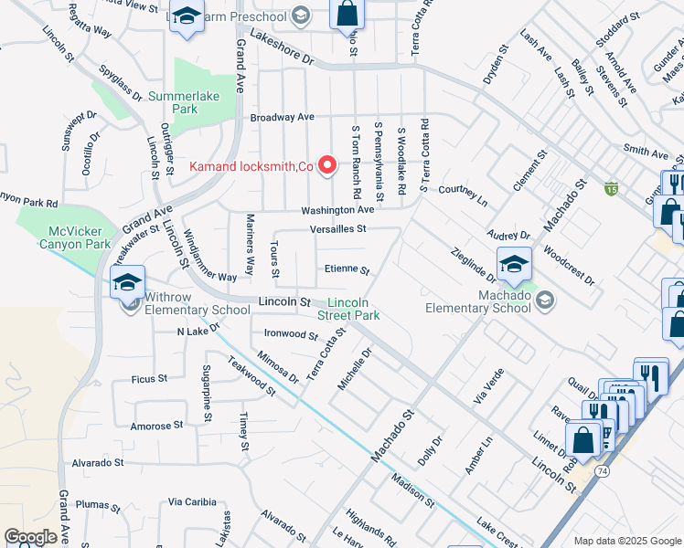 map of restaurants, bars, coffee shops, grocery stores, and more near 15161 Etienne Street in Lake Elsinore
