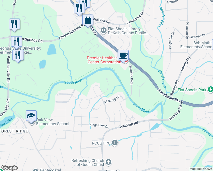 map of restaurants, bars, coffee shops, grocery stores, and more near 3331 Waldrop Trail in Decatur