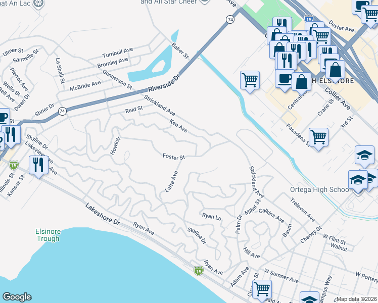 map of restaurants, bars, coffee shops, grocery stores, and more near Foster Street in Lake Elsinore
