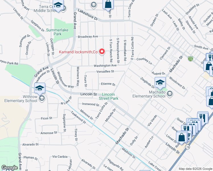 map of restaurants, bars, coffee shops, grocery stores, and more near 15161 Etienne Street in Lake Elsinore