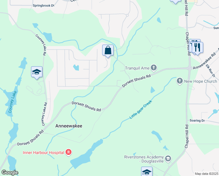 map of restaurants, bars, coffee shops, grocery stores, and more near 4630 Smokestone Drive in Douglasville