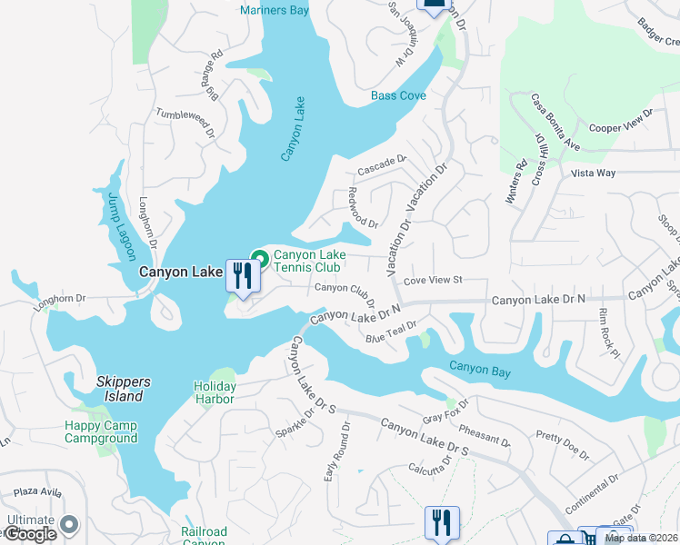map of restaurants, bars, coffee shops, grocery stores, and more near 22589 Lighthouse Drive in Canyon Lake