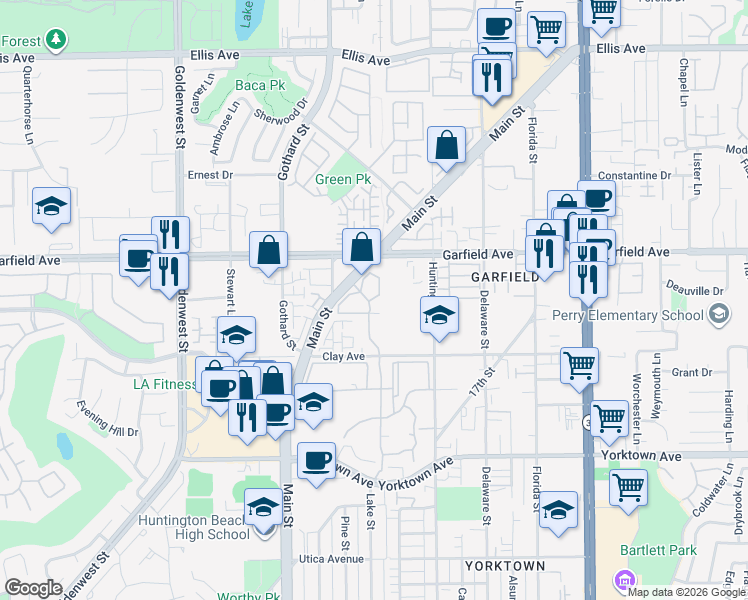 map of restaurants, bars, coffee shops, grocery stores, and more near 19031 Huntington Street in Huntington Beach