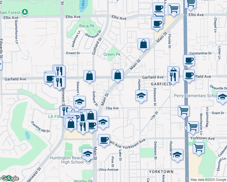map of restaurants, bars, coffee shops, grocery stores, and more near in Huntington Beach
