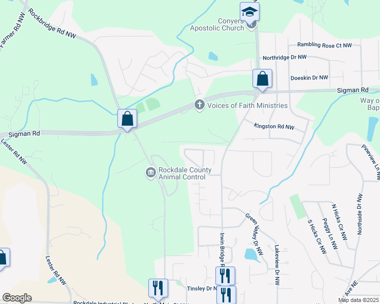 map of restaurants, bars, coffee shops, grocery stores, and more near 1217 Pinedale Circle Northwest in Conyers