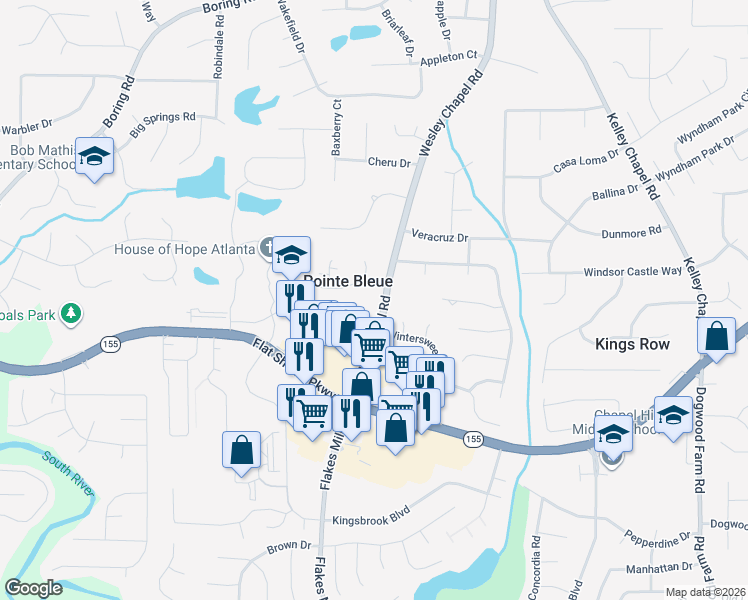 map of restaurants, bars, coffee shops, grocery stores, and more near 3879 Pointe Bleue Drive in Decatur