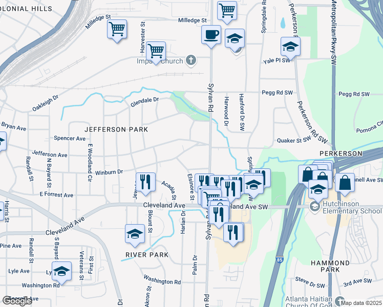 map of restaurants, bars, coffee shops, grocery stores, and more near 958 Winburn Drive in East Point