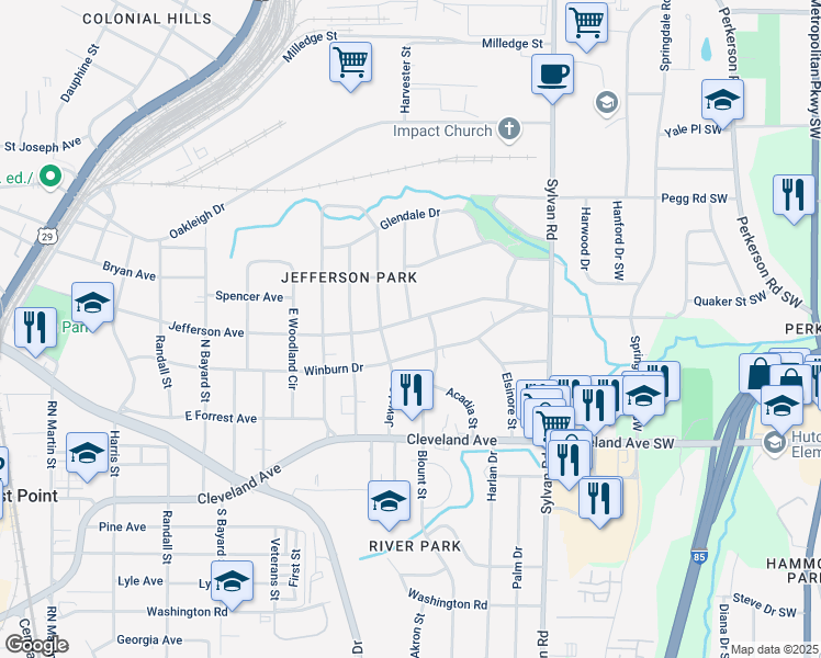 map of restaurants, bars, coffee shops, grocery stores, and more near 1087 Jefferson Avenue in East Point