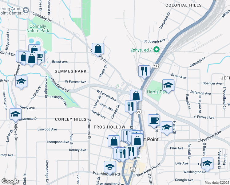 map of restaurants, bars, coffee shops, grocery stores, and more near 2620 Oak Street in East Point