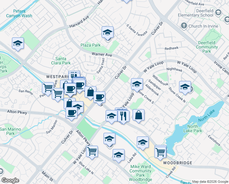 map of restaurants, bars, coffee shops, grocery stores, and more near 14 Woodland in Irvine