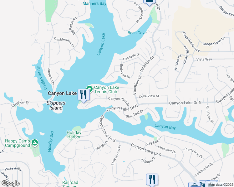 map of restaurants, bars, coffee shops, grocery stores, and more near 29961 Wake Court in Canyon Lake