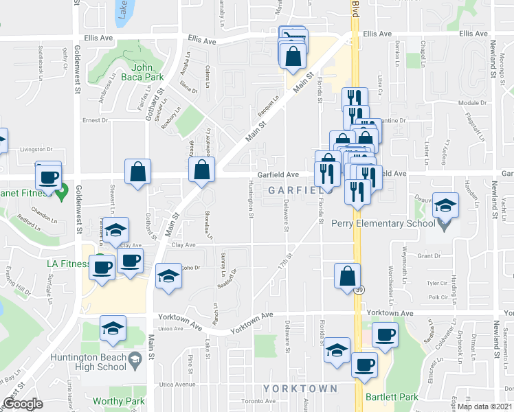 map of restaurants, bars, coffee shops, grocery stores, and more near 19112 Huntington Street in Huntington Beach