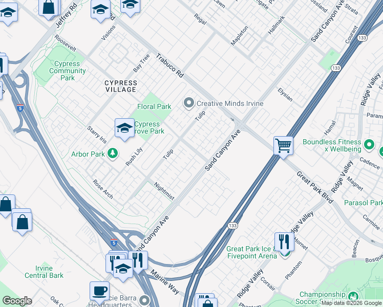 map of restaurants, bars, coffee shops, grocery stores, and more near 133 Waterleaf in Irvine