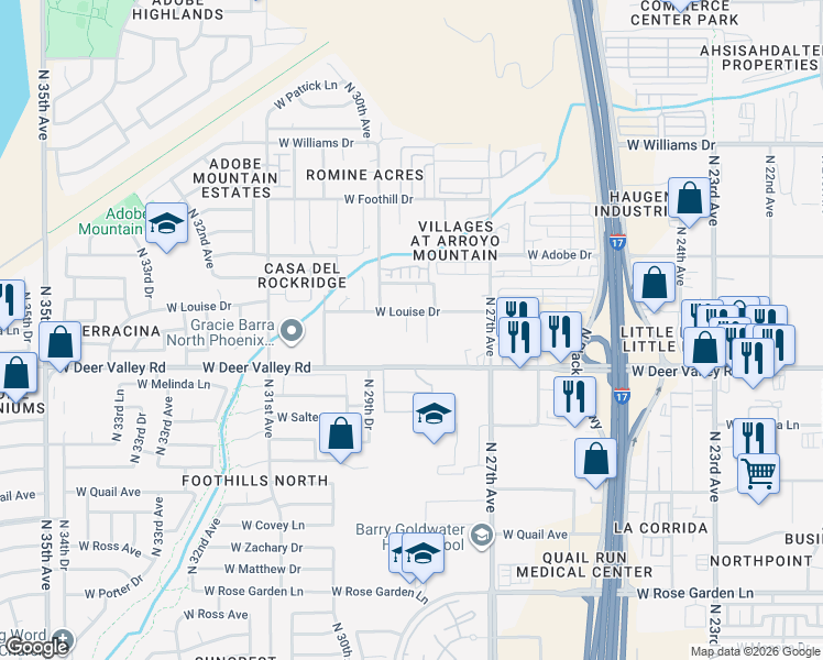 map of restaurants, bars, coffee shops, grocery stores, and more near 2819 West Louise Drive in Phoenix