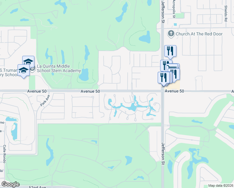 map of restaurants, bars, coffee shops, grocery stores, and more near 50020 Vía Puente in La Quinta