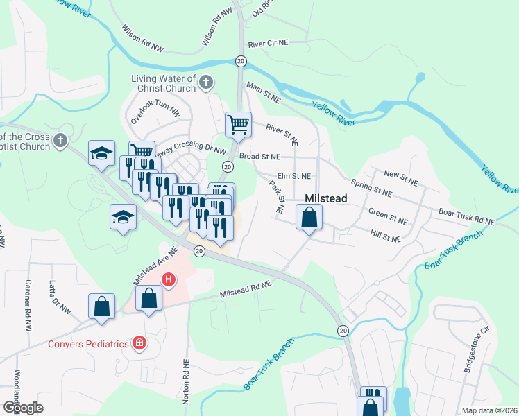 map of restaurants, bars, coffee shops, grocery stores, and more near 176 Ellis Drive in Conyers
