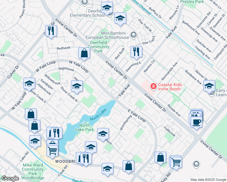 map of restaurants, bars, coffee shops, grocery stores, and more near 1 Laketrail in Irvine