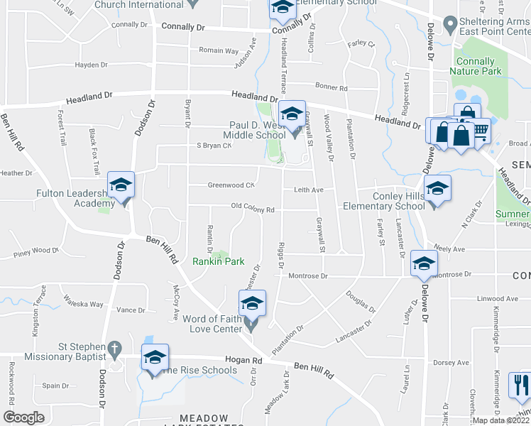 map of restaurants, bars, coffee shops, grocery stores, and more near 2582 Westchester Drive in Atlanta