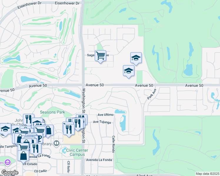 map of restaurants, bars, coffee shops, grocery stores, and more near 50075 Doral Street in La Quinta