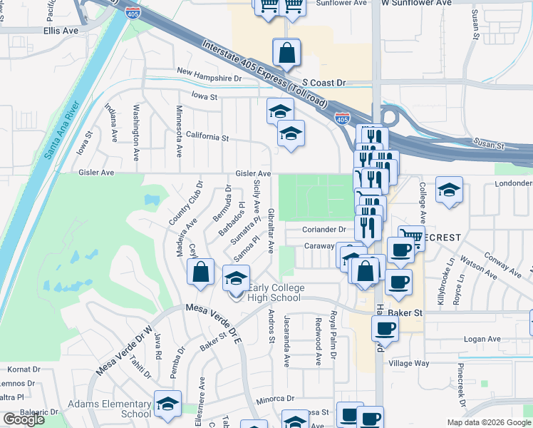 map of restaurants, bars, coffee shops, grocery stores, and more near 3160 Gibraltar Avenue in Costa Mesa