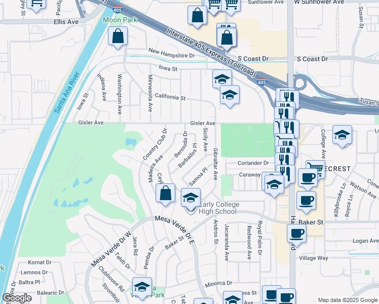 map of restaurants, bars, coffee shops, grocery stores, and more near 3141 Barbados Place in Costa Mesa
