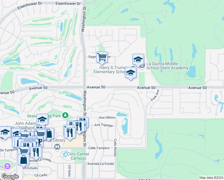 map of restaurants, bars, coffee shops, grocery stores, and more near 50075 Doral Street in La Quinta
