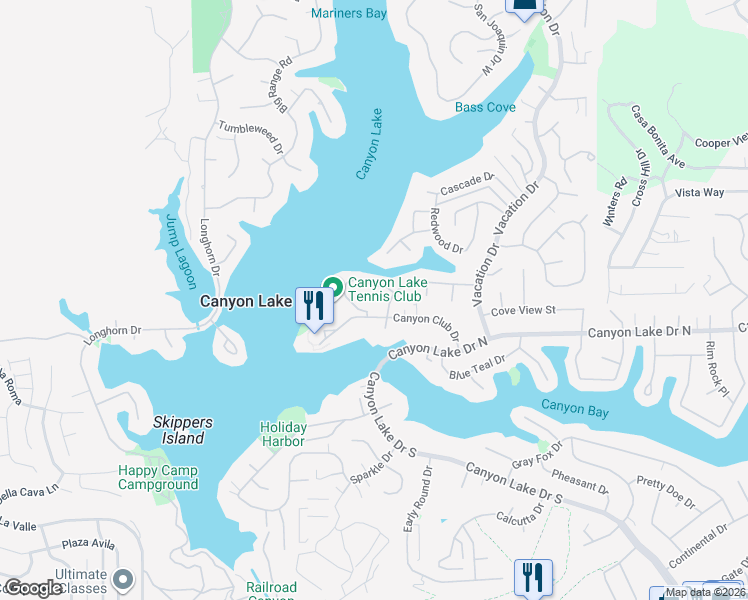 map of restaurants, bars, coffee shops, grocery stores, and more near 22486 Lighthouse Drive in Canyon Lake