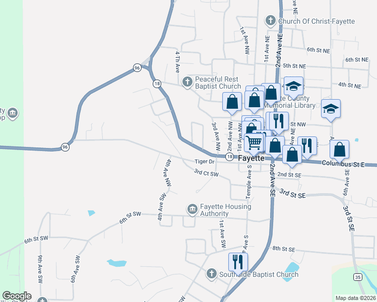 map of restaurants, bars, coffee shops, grocery stores, and more near 500-548 Columbus St W in Fayette