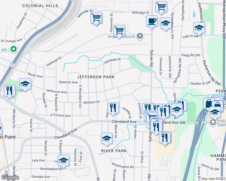 map of restaurants, bars, coffee shops, grocery stores, and more near 1087 Jefferson Avenue in East Point