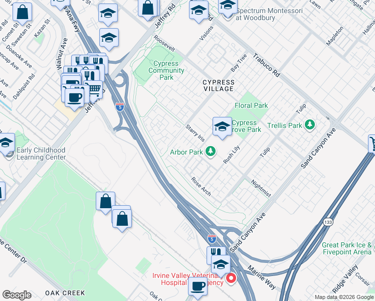 map of restaurants, bars, coffee shops, grocery stores, and more near 107 Painted Trellis in Irvine