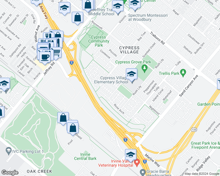 map of restaurants, bars, coffee shops, grocery stores, and more near 107 Painted Trellis in Irvine