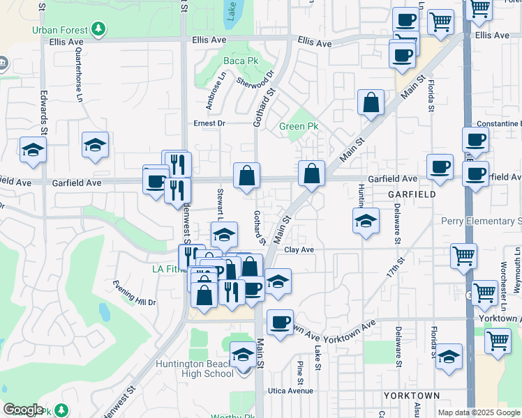 map of restaurants, bars, coffee shops, grocery stores, and more near 7252 Crystal Drive in Huntington Beach