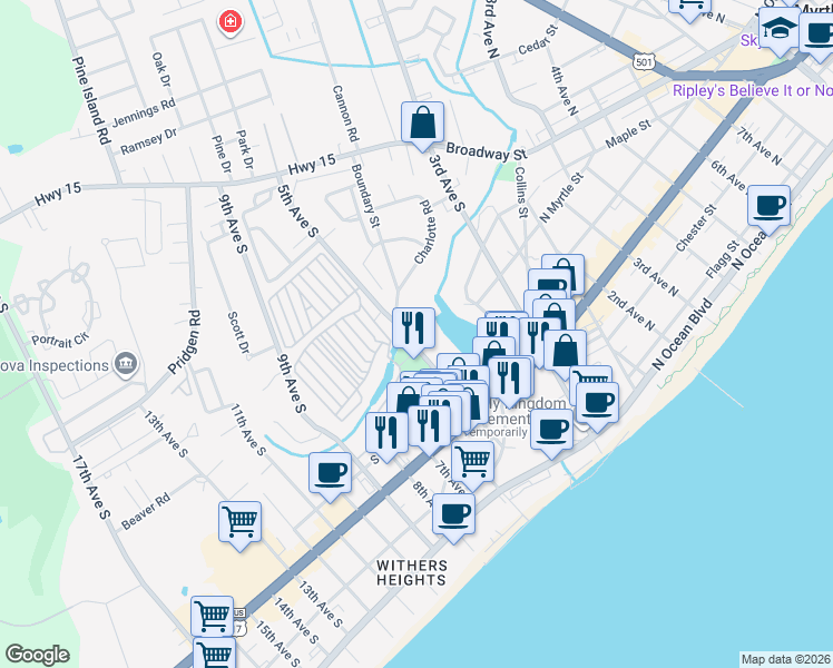 map of restaurants, bars, coffee shops, grocery stores, and more near 624 5th Avenue South in Myrtle Beach