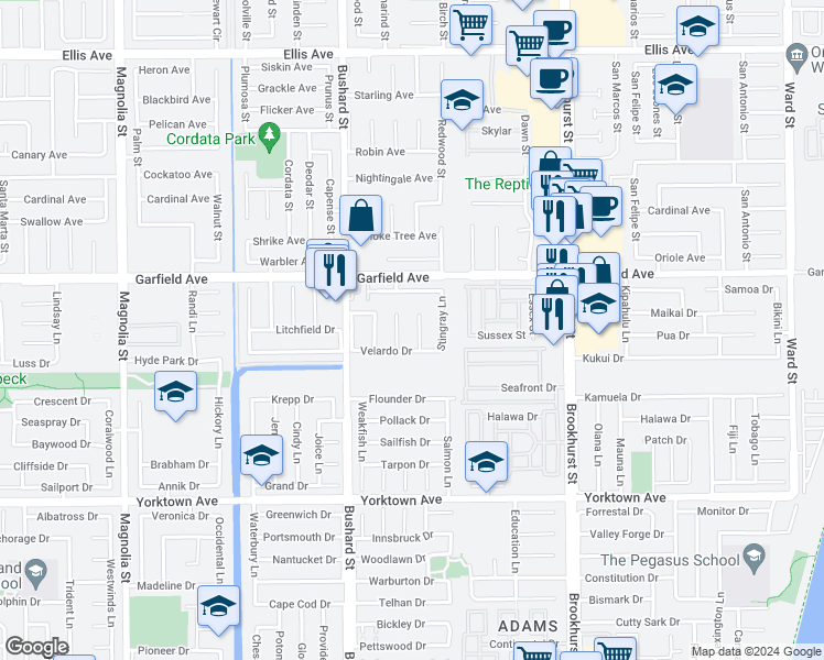 map of restaurants, bars, coffee shops, grocery stores, and more near 19111 Carp Circle in Huntington Beach