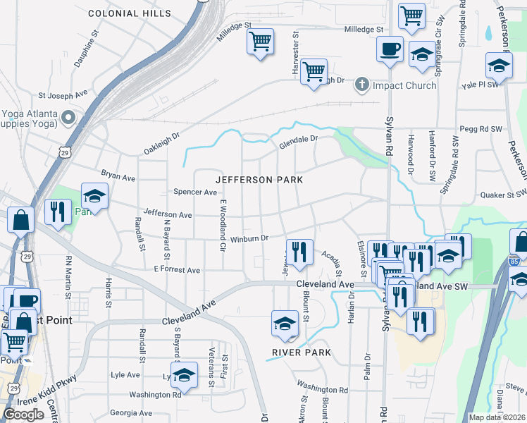 map of restaurants, bars, coffee shops, grocery stores, and more near 2546 Batavia Street in East Point
