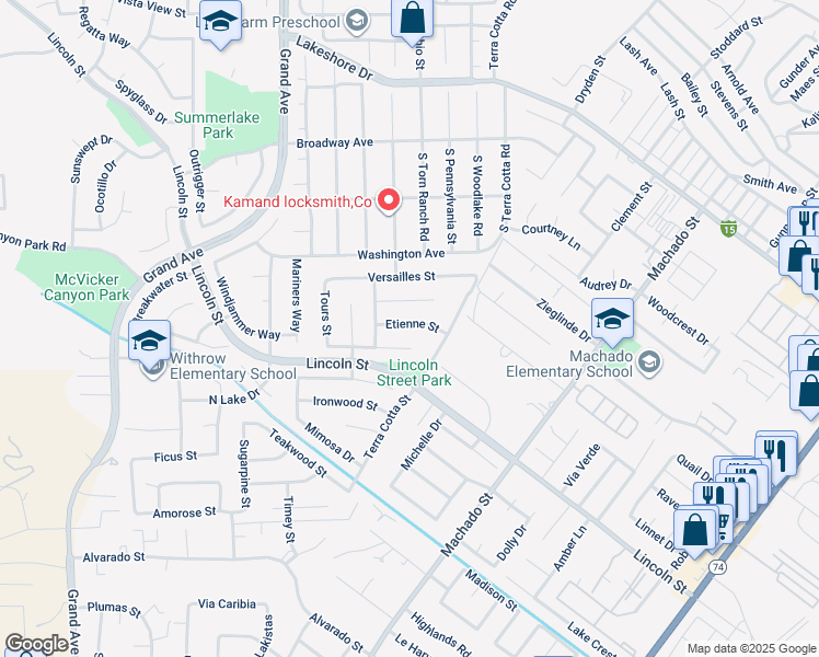 map of restaurants, bars, coffee shops, grocery stores, and more near 15161 Etienne Street in Lake Elsinore