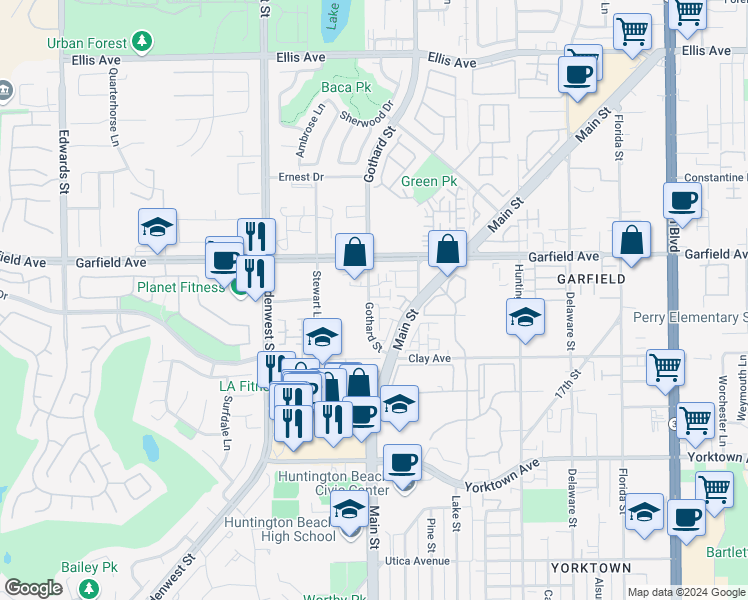 map of restaurants, bars, coffee shops, grocery stores, and more near 7252 Crystal Drive in Huntington Beach