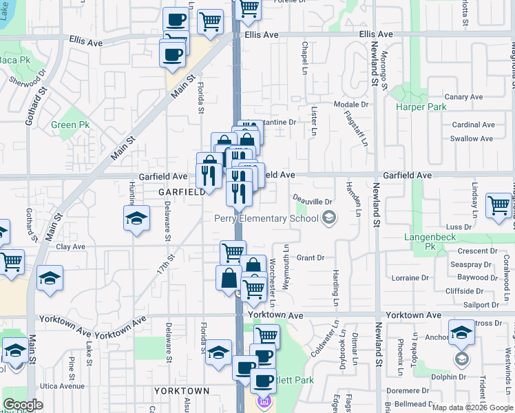 map of restaurants, bars, coffee shops, grocery stores, and more near 8125 Surfline Drive in Huntington Beach