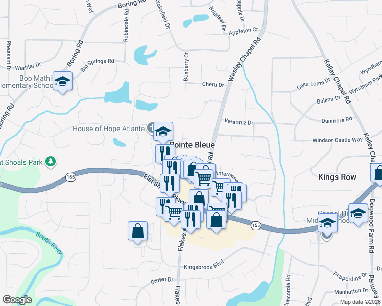 map of restaurants, bars, coffee shops, grocery stores, and more near 3856 Pointe Bleue Drive in Decatur